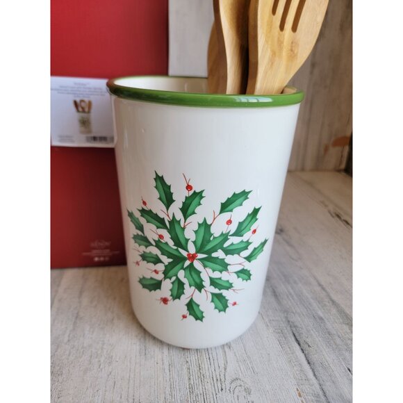 Lenox NEW utensil crock wooden servers holiday mistletoe Xmas decor - Picture 2 of 7